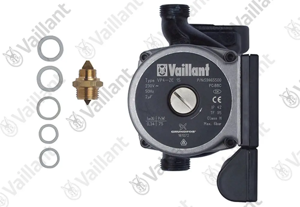 Vaillant Umwälzpumpe mit Zubehör, einschließlich Dichtungen und Montagezubehör, auf einem weißen Hintergrund.